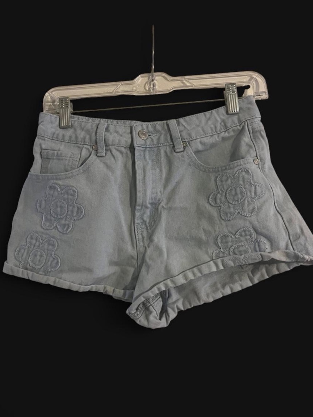 Cali1850 Light Blue Floral Embroidered juniors Denim Short Shorts